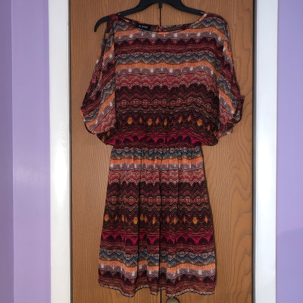 A. Byer Colorful Aztec Pattern Cold Shoulder Dress